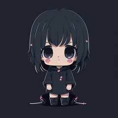 Cute vector kawaii anime emo sad on black background - obrazy, fototapety, plakaty