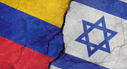 Venezuela and Israel flags texture of concrete wall with cracks, grunge background, military conflict concept
