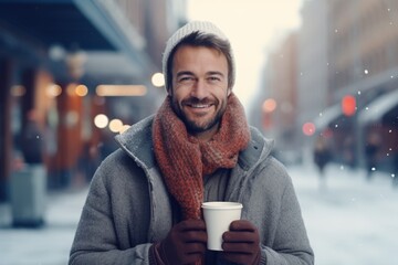 a happy modern man with a mug glass of hot drink in the winter season on the background of the snow city - obrazy, fototapety, plakaty