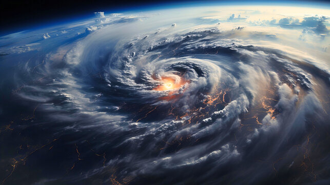 Spectacular view of a hurricane from space with swirling clouds,