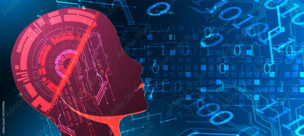 Aufkleber artificial intelligence. technical background with a silhouette of a robot head. big data concept. m
