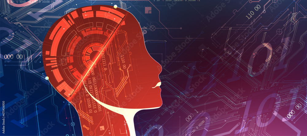 Aufkleber Artificial Intelligence. Technical background with a silhouette of a robot head. Big data concept. Machine cyber mind. Hand drawn vector.