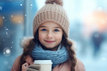 a happy modern child girl with a mug glass of hot drink in the winter season on the background of the snow city