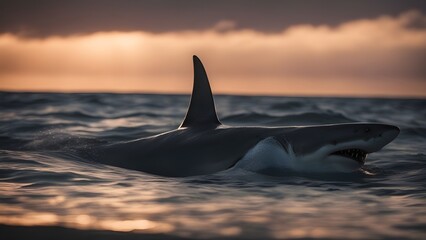 Fototapeta premium great white shark in the sea Huge evil monster shark in the open sea at dawn 