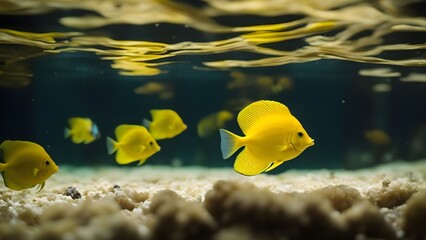 Naklejka na ściany i meble fish in aquarium Yellow aquarium fish. Yellow tang 