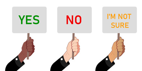 Fototapeta premium Hand holding protest sign (Yes, No, I'm not sure) isolated vector on white background. Modern flat vector illustration. EPS 10