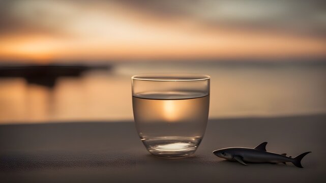 glass of water on the table at dawn  Small Fish With Ambitions Of A Big Shark  Business Concept 