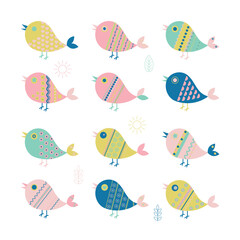 Bright birds set. Cute abstract bird. Perfect for t-shirt, card, poster childish design. Vector illustration