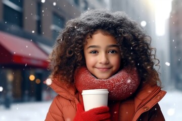 a happy modern indian child girl with a mug glass of hot drink in the winter season on the background of the snow city