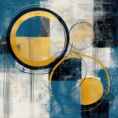 Abstract composition blue gold with geometric elements and circles on a grunge textured background. Generative ai.
