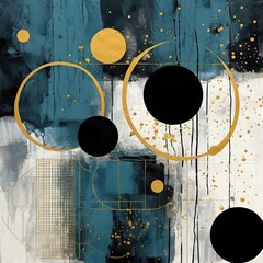 Abstract composition blue gold with geometric elements and circles on a grunge textured background. Generative ai