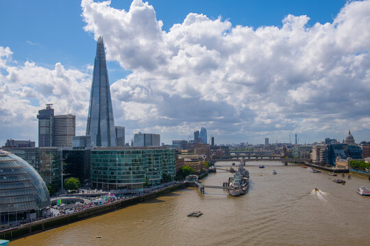 London modern city skyline at the south bank of River Thames including The Shard building, from Bridge Tower in Southwark of London, England, UK. 