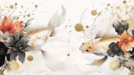 Koi fish and flowers in watercolor style. Digital painting style. Generative ai. © makstorm