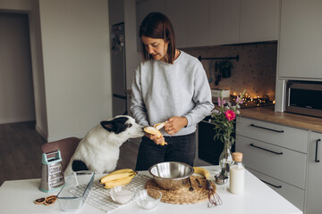 A cute big white and black dog helps her owner prepare a banana muffin with berries for breakfast. Friendship and healthy homemade food concept. Cozy atmosphere in the kitchen at home