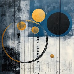 Abstract composition blue gold with geometric elements and circles on a grunge textured background. Generative ai.