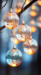 close-up of multi-colored Christmas balls on a branch, light bronze and light blue, translucent with patterns, low depth of field,