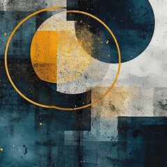 Abstract composition blue gold with geometric elements and circles on a grunge textured background. Generative ai. - obrazy, fototapety, plakaty