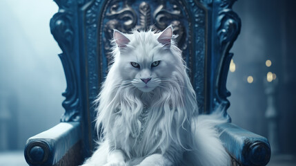 Blue eyed royal cat sitting on a chair, Generative AI