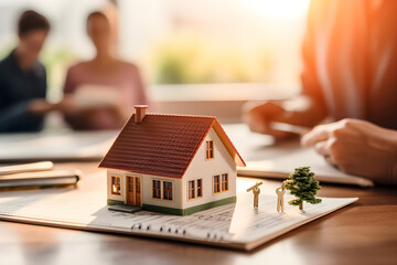 toy house sits beside a young couple as they sign a mortgage agreement for their new home, illustrating the concept of property purchase and the start of their homeownership journey