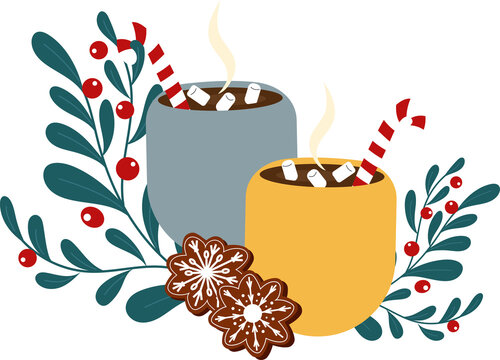 Christmas composition with hot cocoa cups, gingerbread snowflakes and plants with berries.