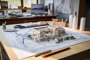 close-up of an architect's desk, adorned with a miniature house model, meticulously detailed blueprints, and an array of precision pencils