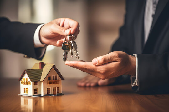  close-up portrays a real estate agent handing over the keys to a new homeowner, symbolizing the exciting journey of acquiring a new property.real estate concept