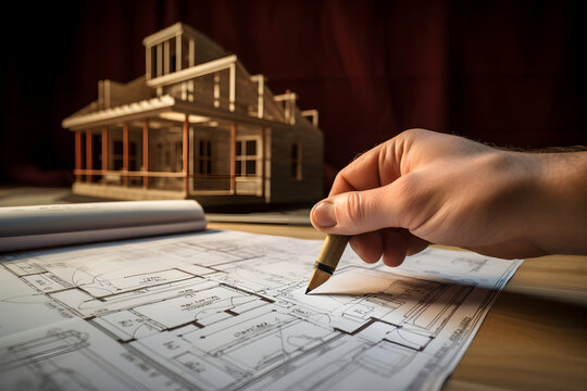 engineer immersed in a blueprint at the office, discussing a real estate project with tools in hand, epitomizing the essence of construction and real estate planning