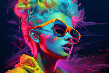 Stylish young girl in sunglasses with neon effect. Portrait of a woman in a nightclub. - obrazy, fototapety, plakaty