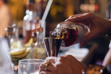 Closeup of the barman pouring whisky into a glass