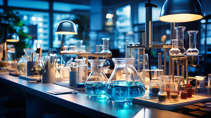 High-quality imagery of a laboratory setup with various chemical solutions - obrazy, fototapety, plakaty