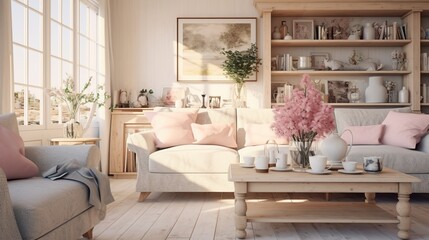 Modern cozy living room. Chabby shic style. Pastel colors