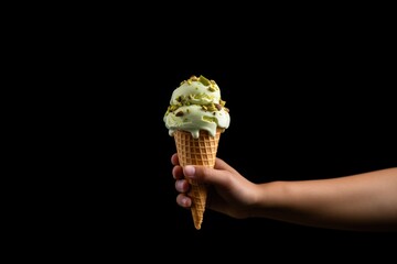 hand holding cone with pistachio ice cream and peaces of pistachios on black background 