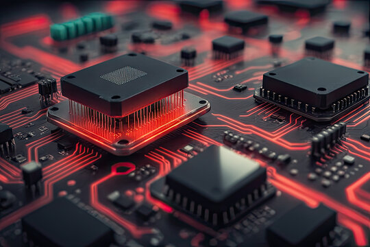 technology background microchip on a circuit board with a red data rays hacking attack concept
