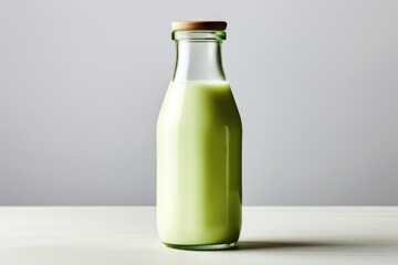 bottle of pistachio milk on blurry grey background 