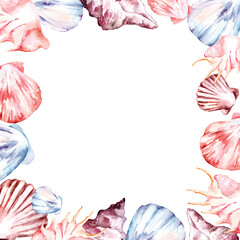 Seashell Square Frame. Hand drawn watercolor illustration of border with sea shells and starfishes on white isolated background for greeting cards or invitations
