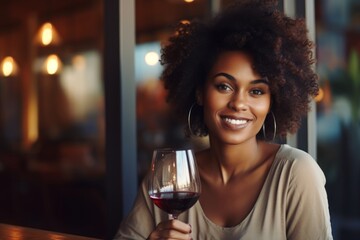happy modern african american woman with a glass of expensive wine on the background of a fancy restaurant and bar - Powered by Adobe