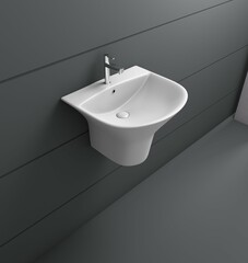 Washbasin with faucet in minimalist modern bathroom, black bathroom interior. 3D Rendering