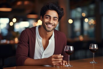 happy modern indian man with a glass of expensive wine on the background of a fancy restaurant and bar