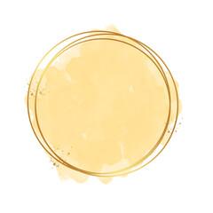 watercolor brush stroke splash with luxury golden square or circle frame and glitter gold. wedding badges