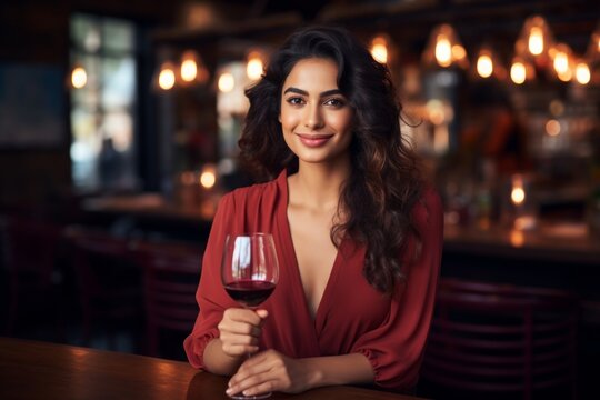 happy modern indian woman with a glass of expensive wine on the background of a fancy restaurant and bar