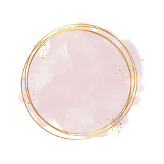 Pink watercolor brush stroke splash with luxury golden square or circle frame and glitter gold. wedding badges