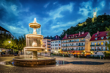 Fototapeta na wymiar Panorama of Ljubljana. Evening view on Fountain and old city Ljubljana, Slovenia, Europe.
