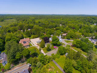 South Hamilton and rural landscape aerial view including First Congregational Church at 624 Bay Road in Town of Hamilton, Massachusetts MA, USA. 