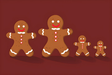 Flat icon illustration of a family of four gingerbread men, traditional christmas cookie, pastry 