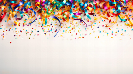 Festive backdrop of multicolored streamers and confetti on a white background,