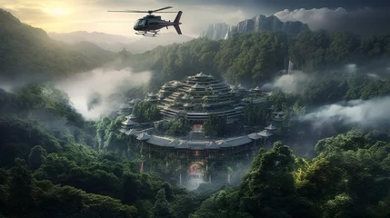 Foto op Plexiglas a helicopter flies above the clouds above a resort in the forest © Zahid