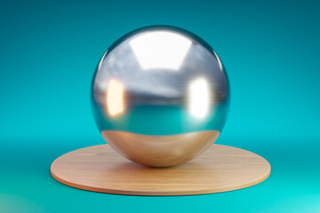 wooden podium with metal sphere ball on infinite background; pedestal for beauty, cosmetic product presentation. copy space template, 3D Illustration