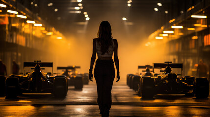 Fototapeta na wymiar Woman Walking in Race Team Garage