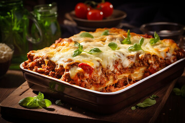 lasagna in baking dish with tomato sauce and basil generated.AI