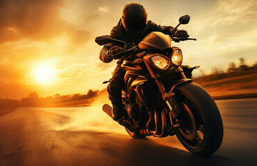 A biker on a motorcycle riding at sunset on a USA road